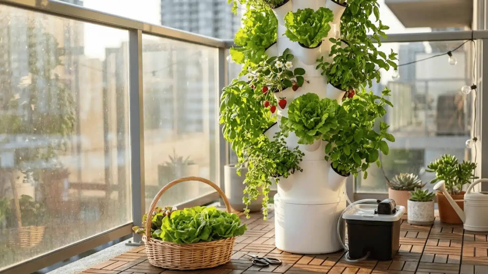 Compact tower garden on a residential balcony